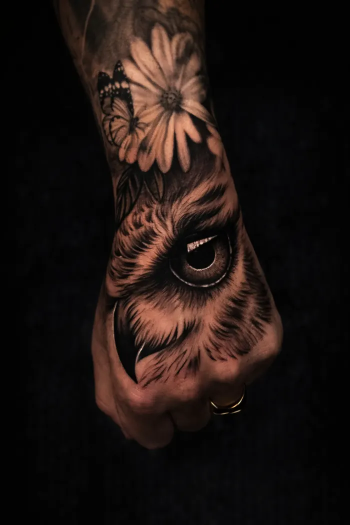 Olho de coruja tatuado na mão em preto e branco