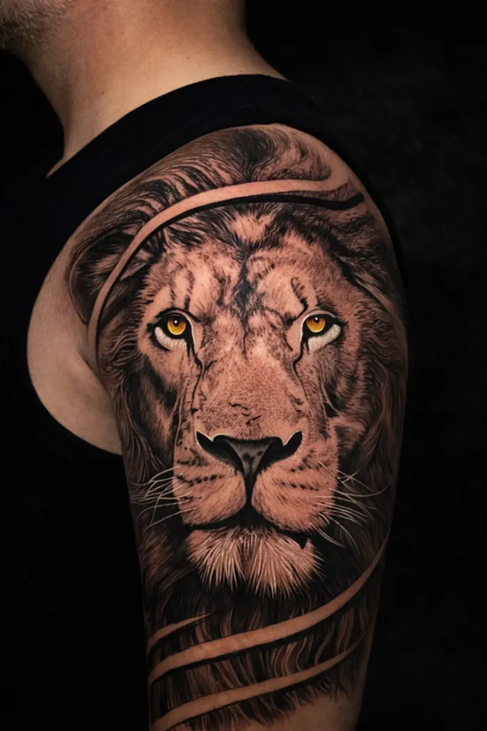 Leão realista tatuado no braço