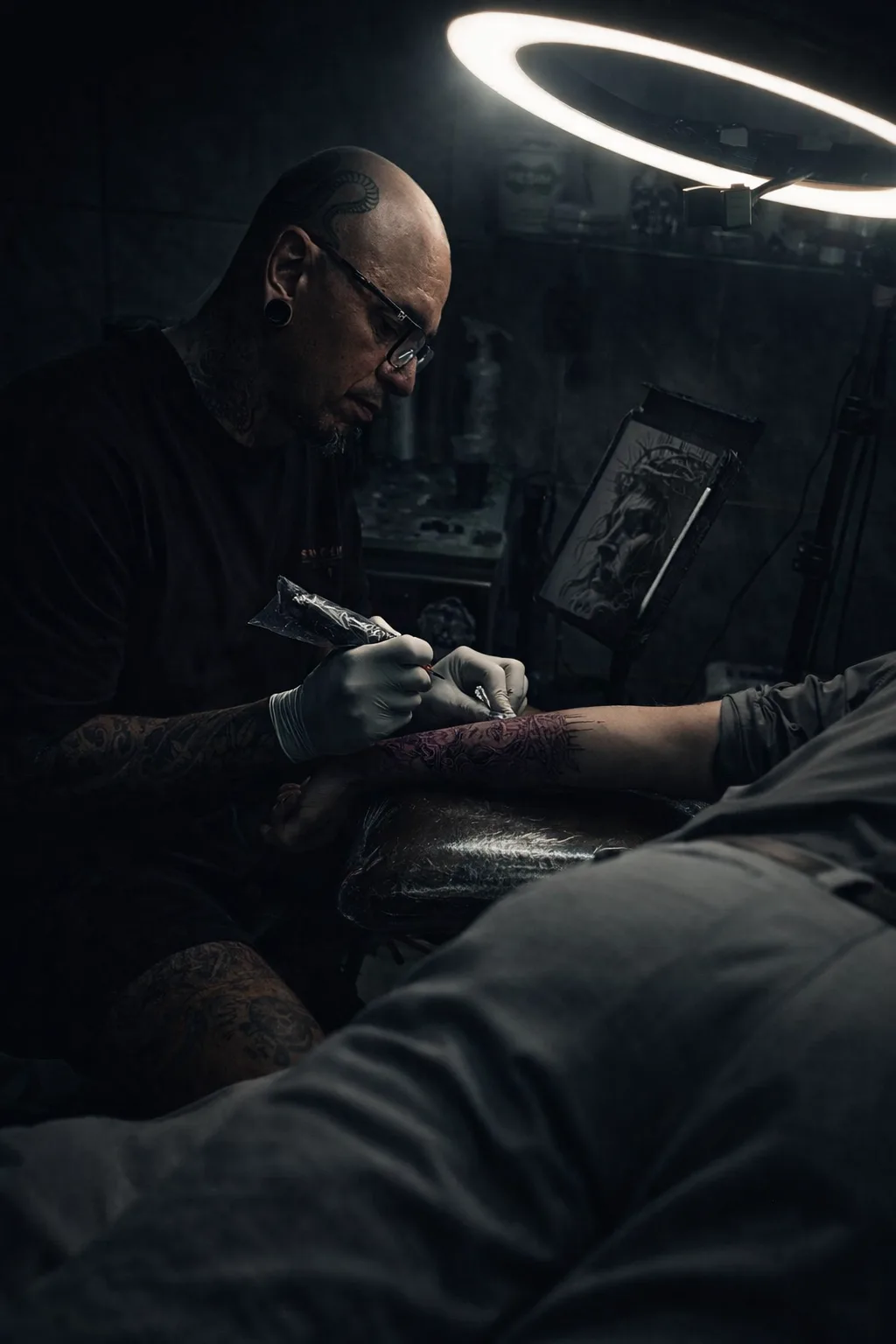 Márcio Lemes tatuando no estúdio