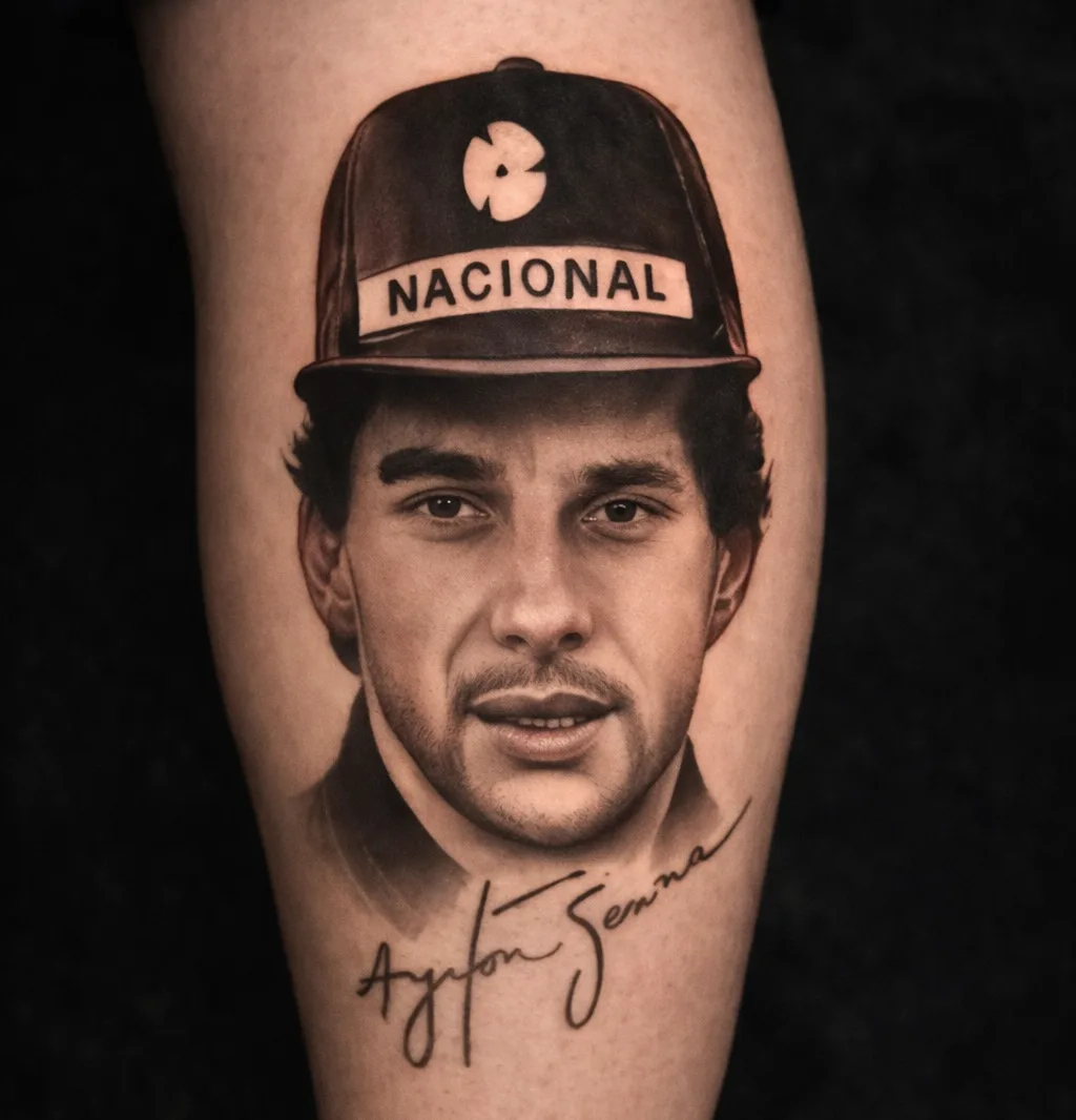 Retrato de Ayrton Senna em black & grey, tatuado por Márcio Lemes